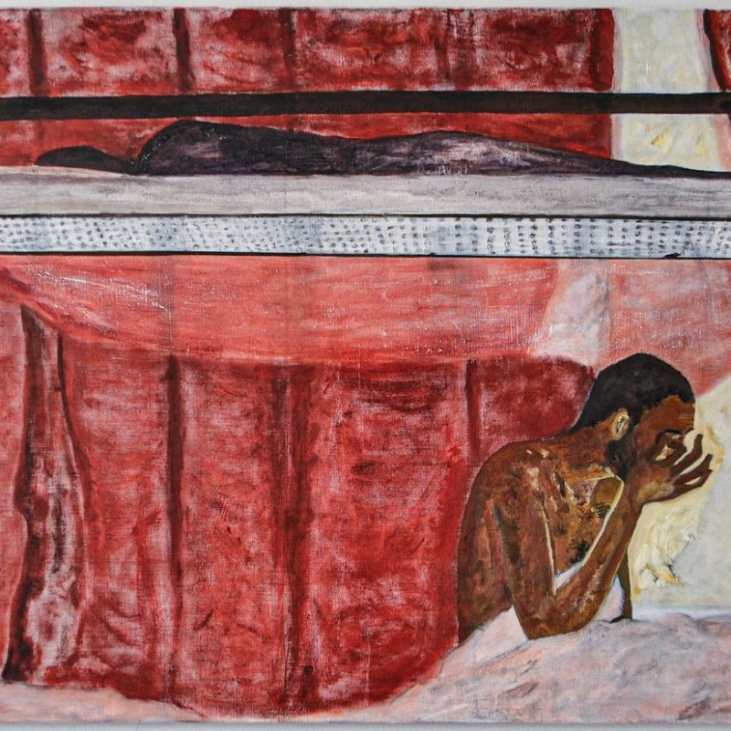 The intimate and romantic scenery is to be found in Anton Munar’s painting ‘En su claustro’, which translates into ‘In his cloister’
In a bedroom, in a bed, a body is resting while another body is about to wake up, morning light streaming through red curtains.
The painting reminds us of the place you find yourself in before stepping out into the world; the home, the bedroom, the kitchen, or in bed next to your loved one. 
A dark bedroom with a sleep-drunk mind and a warm body bubbling next to you is perhaps a universal wordless experience of intimacy, tenderness and quite before the day begins

Come experience the painting by yourself at the gallery. It’s part of our group show ‘Serious Scribbles’ with works by #antonmunar #ihsanihsan #aiasofiacoverleyturan #gregorfuchs and #annastahn 

The exhibition runs through September 17th

#mariekirkegaardgallery @antonmunar